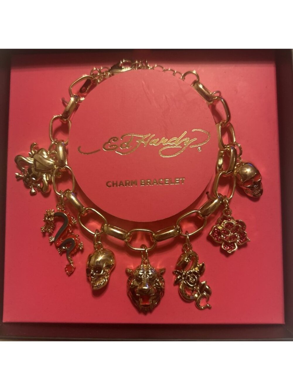 Ed Hardy Gold Tone Charms Bracelet Skull Tiger Snake Tatoo Dragon Rose Emo Goth